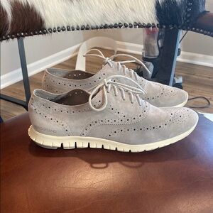Cole Haan Zerøgrand wingtip oxford shoes in a light gray suede